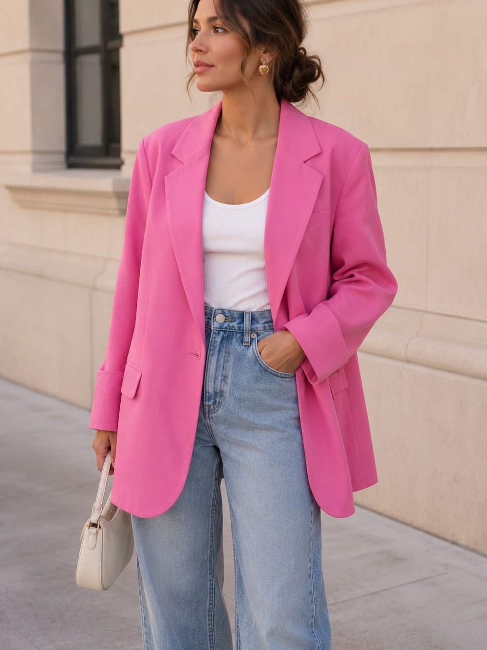 Maje Pink Oversized Boyfriend Blazer XS Fuchsia Single Button Statement Jacket